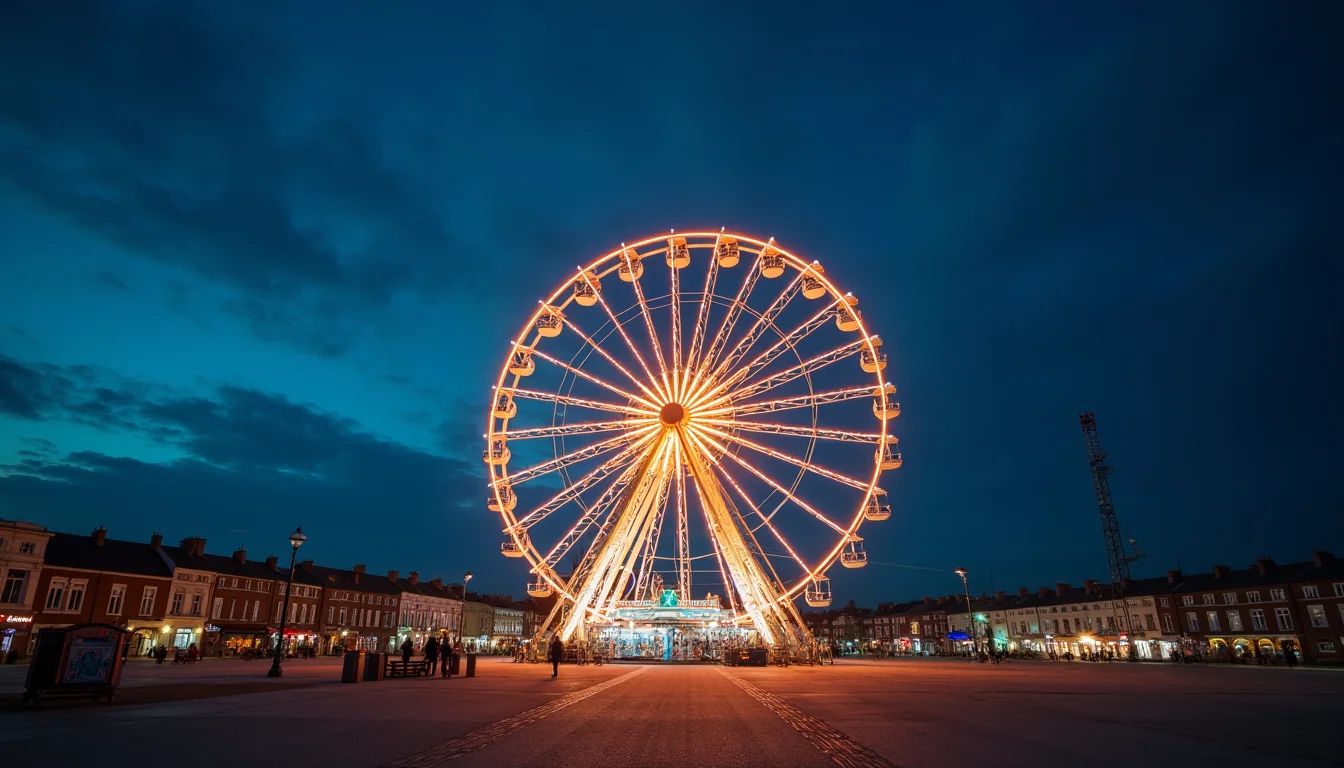 grande roue illuminée contre un ciel nocturne bleu profond a Lille