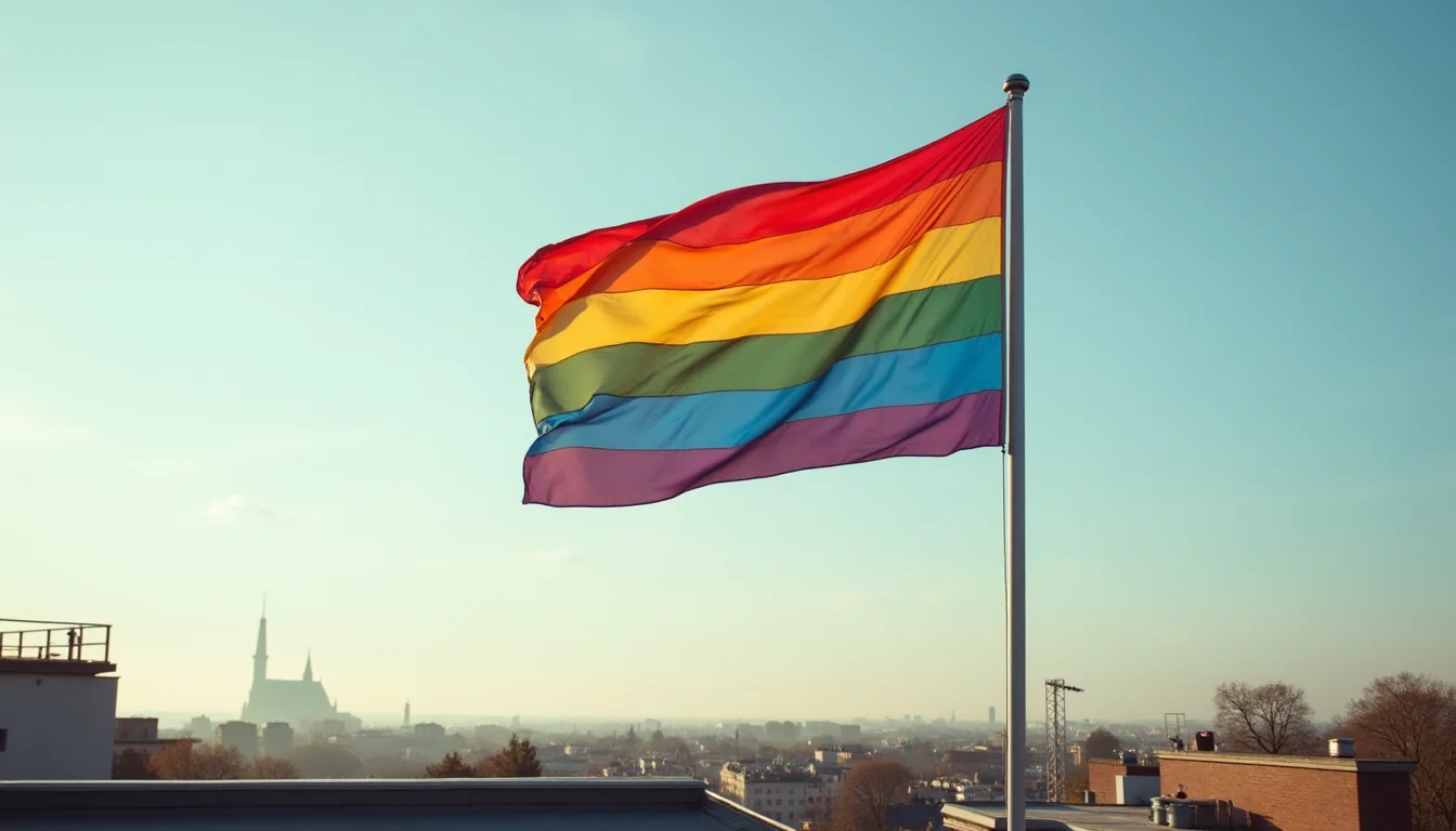 grand drapeau arc-en-ciel flottant sur un toit dans le ciel matinal a Lille