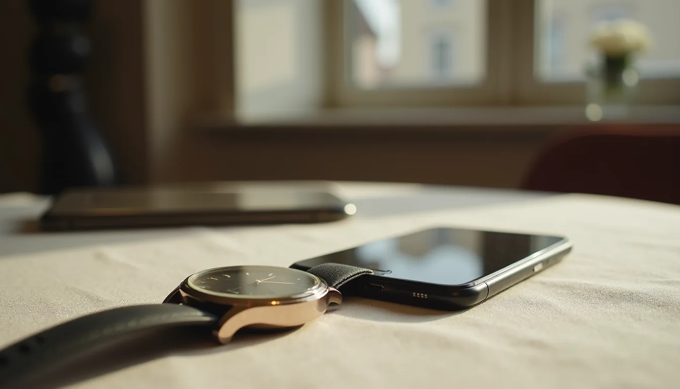 montre classique et téléphone moderne côte à côte sur du lin a Lille