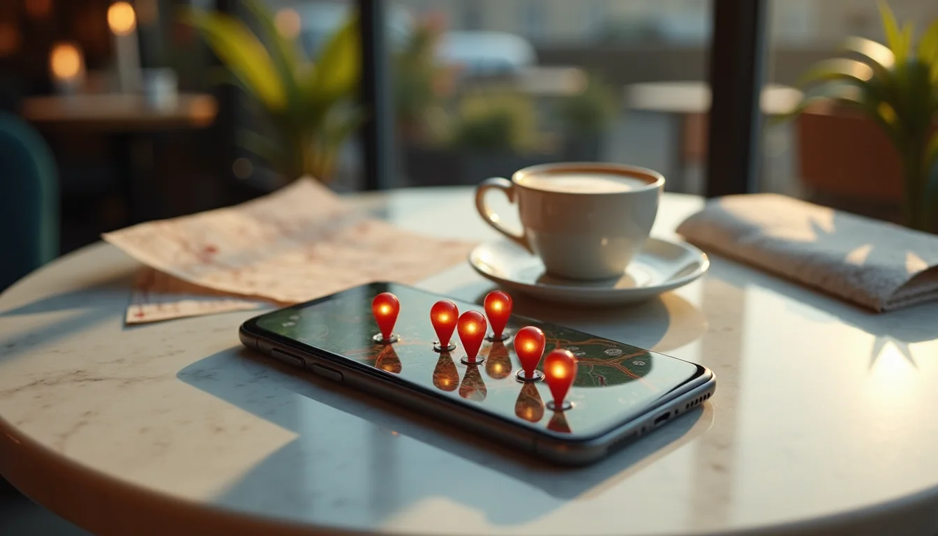smartphone aux épingles de carte sur une table de café ensoleillée a Lille