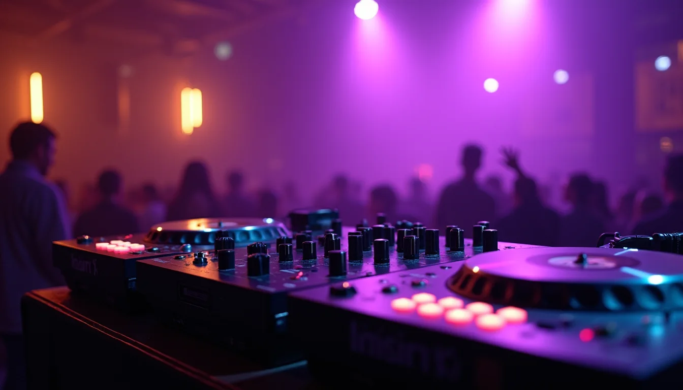 cabine DJ avec platines et faders lumineux sous lumière violette a Lille