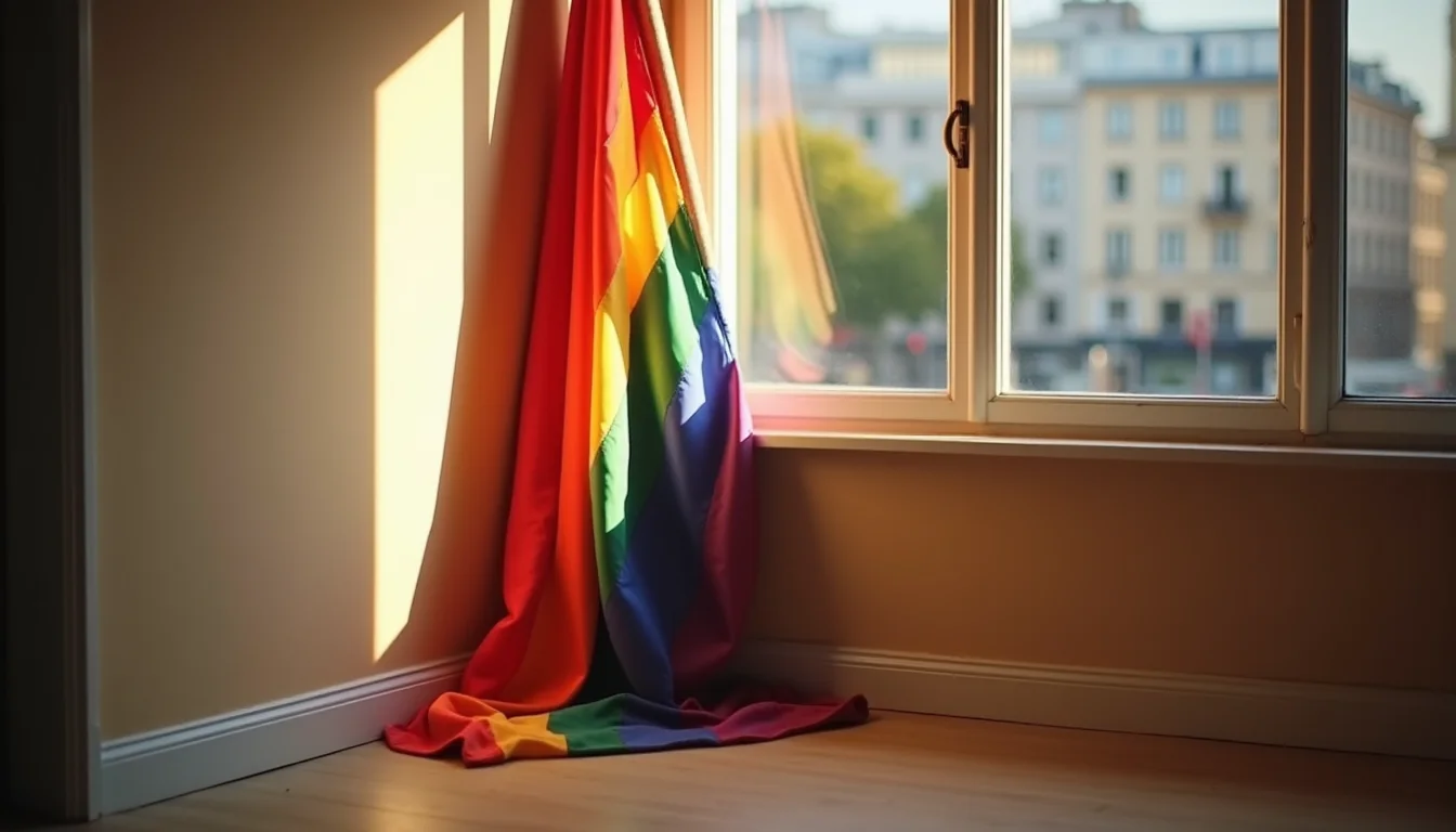 drapeau arc-en-ciel enroulé autour de sa hampe dans un angle, lumière dorée a Lille