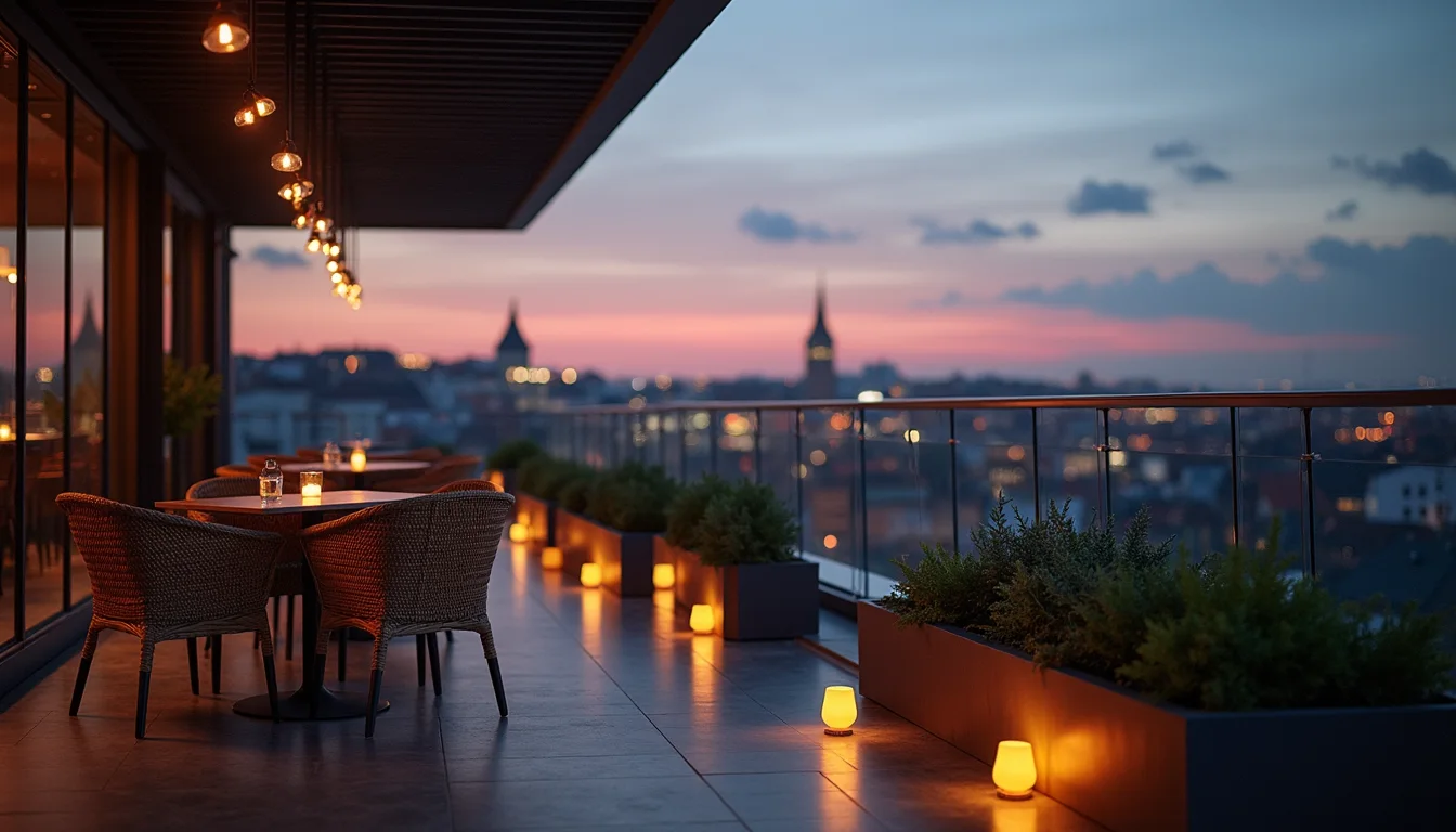 terrasse de bar en rooftop avec fauteuils et plantes au crepuscule a Lille
