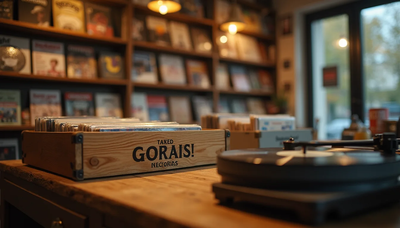 bac de disquaire et platine vinyle sur comptoir en bois, lumière chaude a Lille
