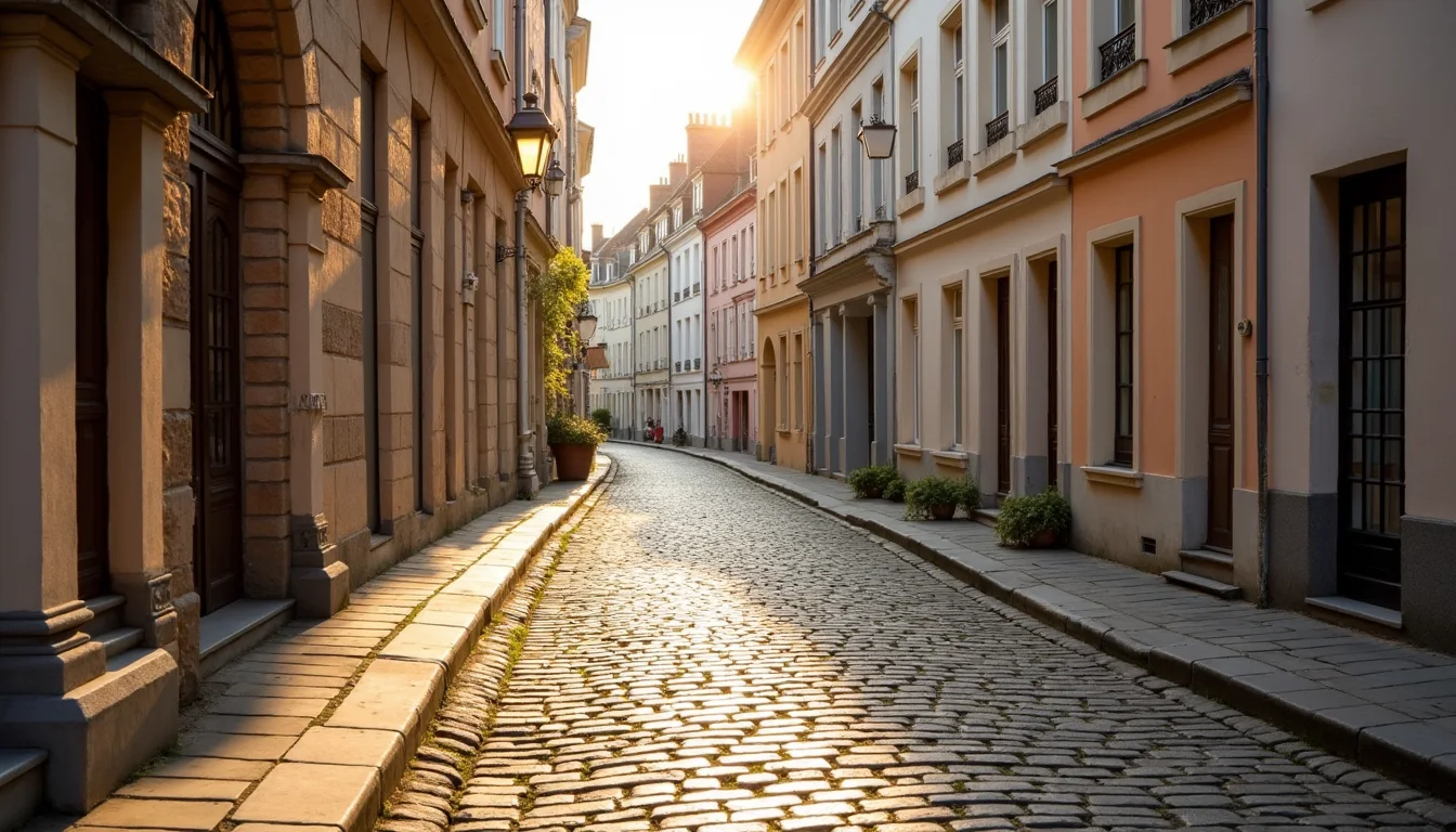 rue paveee bordee de facades pastel, lumiere doree du soir a Lille