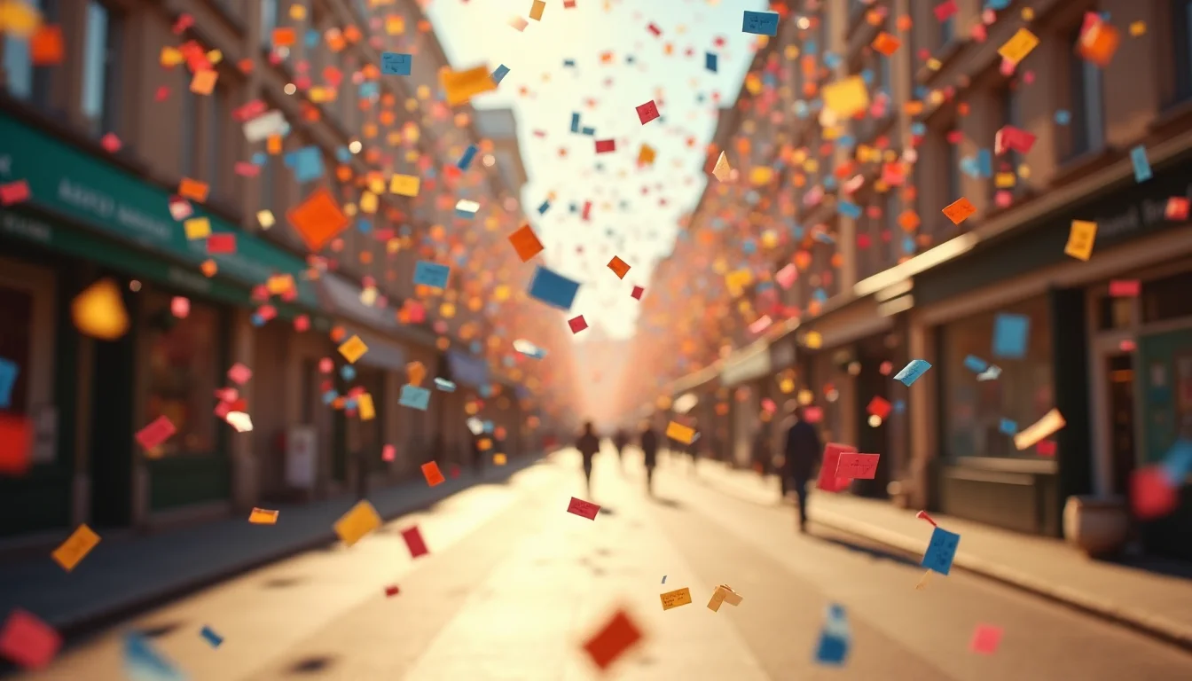 pluie de confettis multicolores en suspension au-dessus d'un boulevard ensoleille a Lille