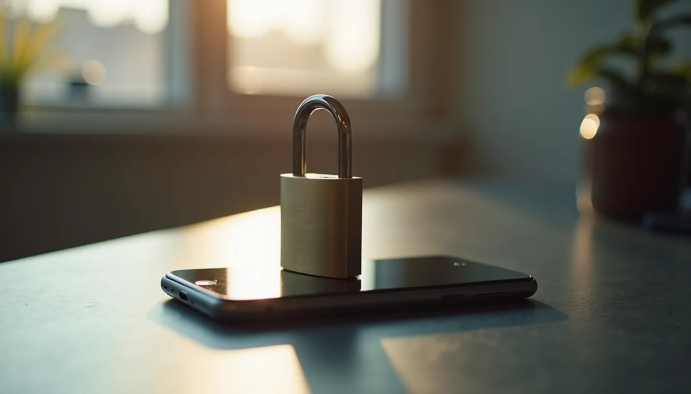 cadenas en acier brossé fermé sur un smartphone face cachée sur ardoise a Lille