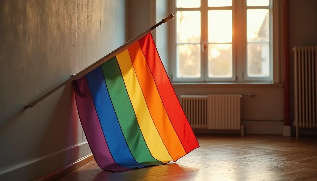 drapeau arc-en-ciel enroulé autour de sa hampe dans un angle, lumière dorée a Lille
