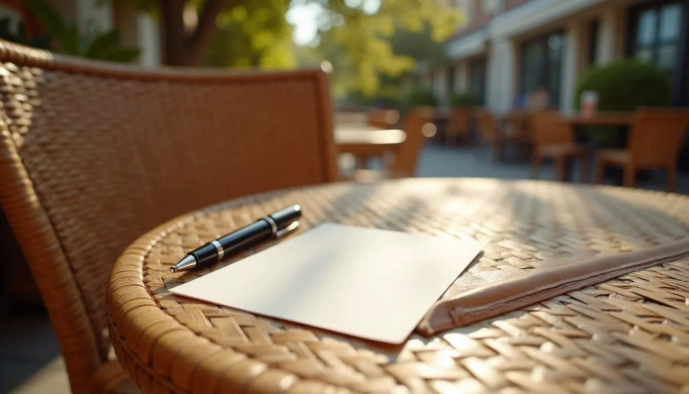 carte postale vierge et stylo plume sur une chaise bistrot en terrasse a Lille
