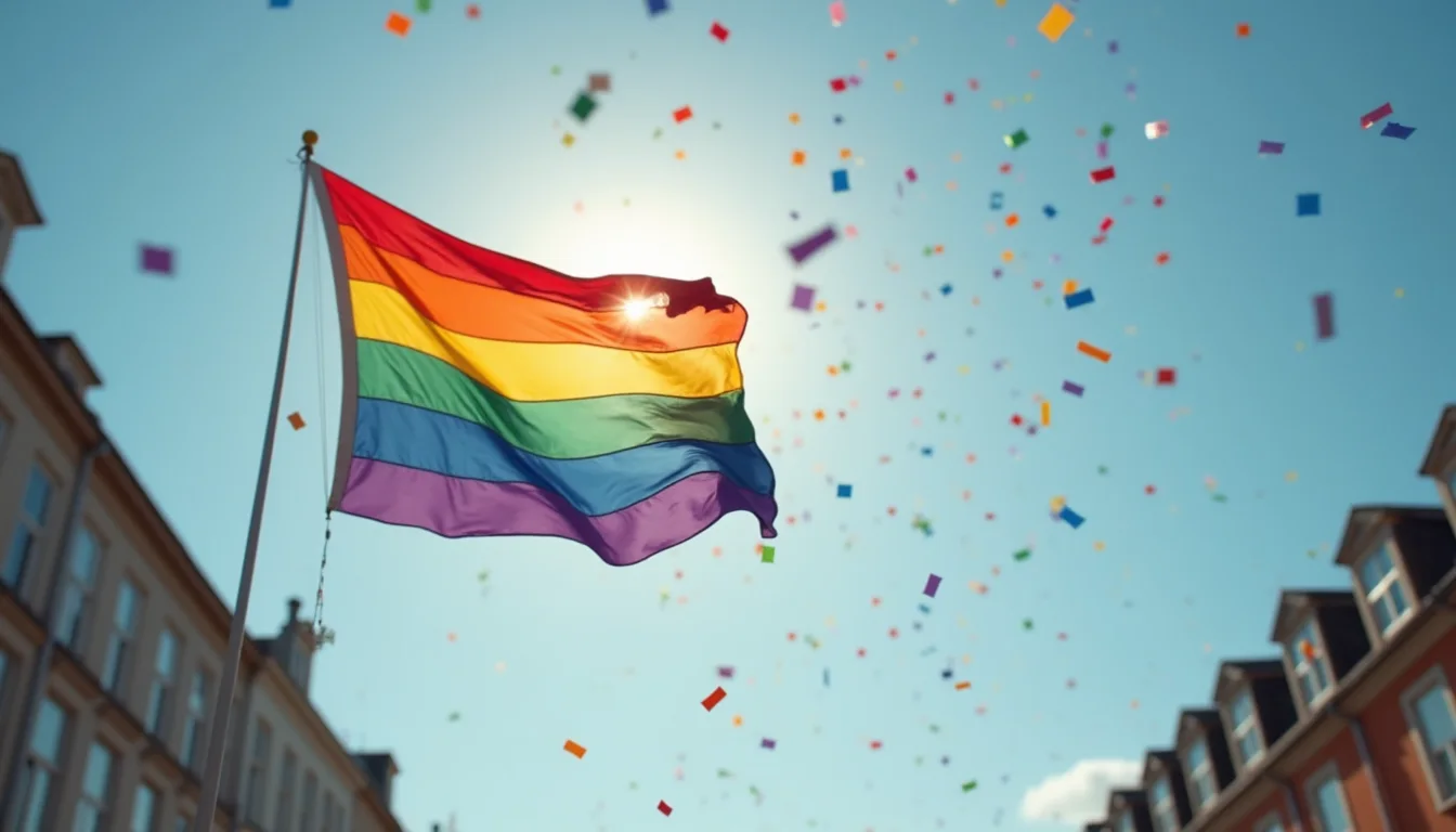 drapeau arc-en-ciel hissé dans le ciel avec des confettis qui flottent a Lille